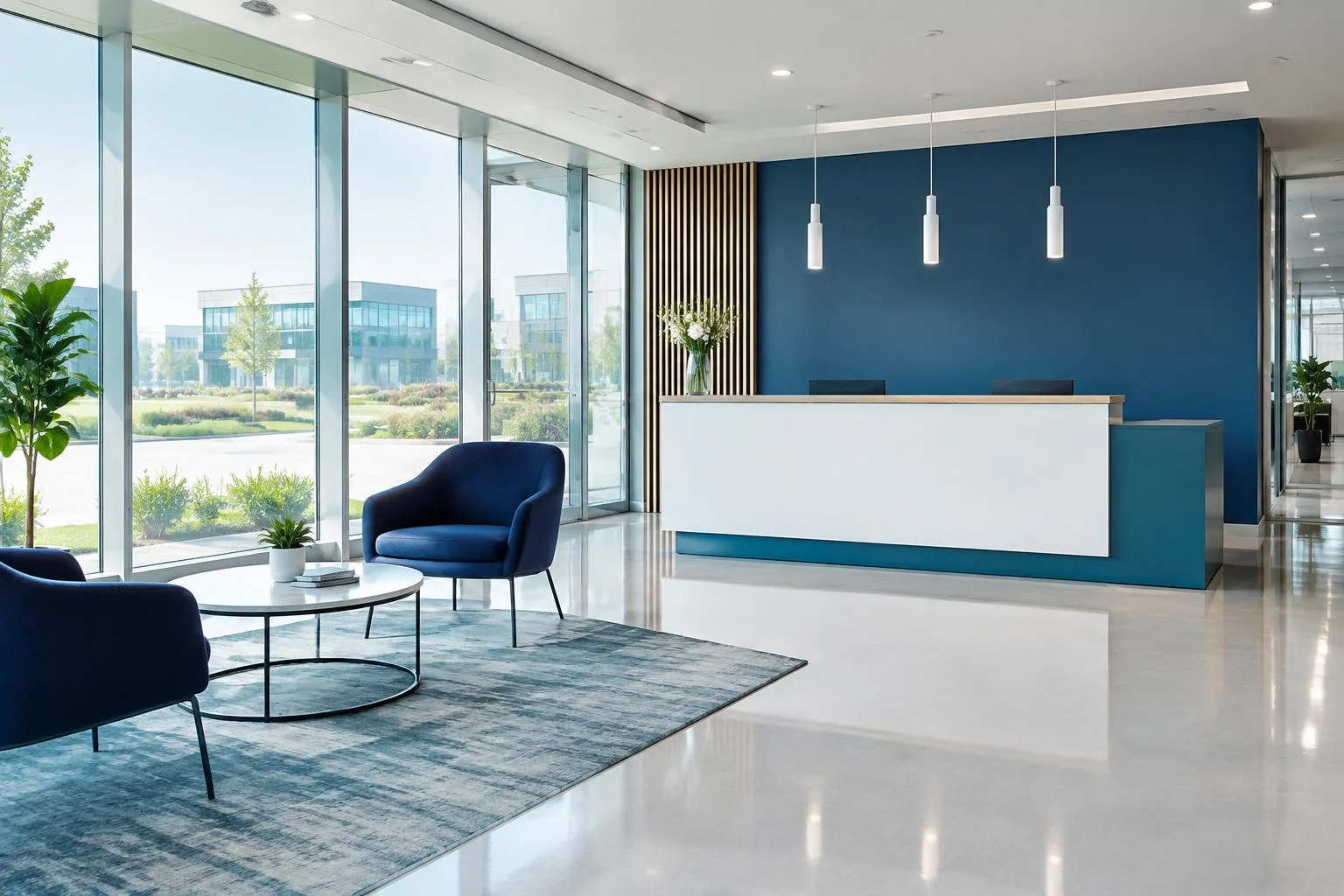 An office reception with glass frontage, a white counter and a polished floor.