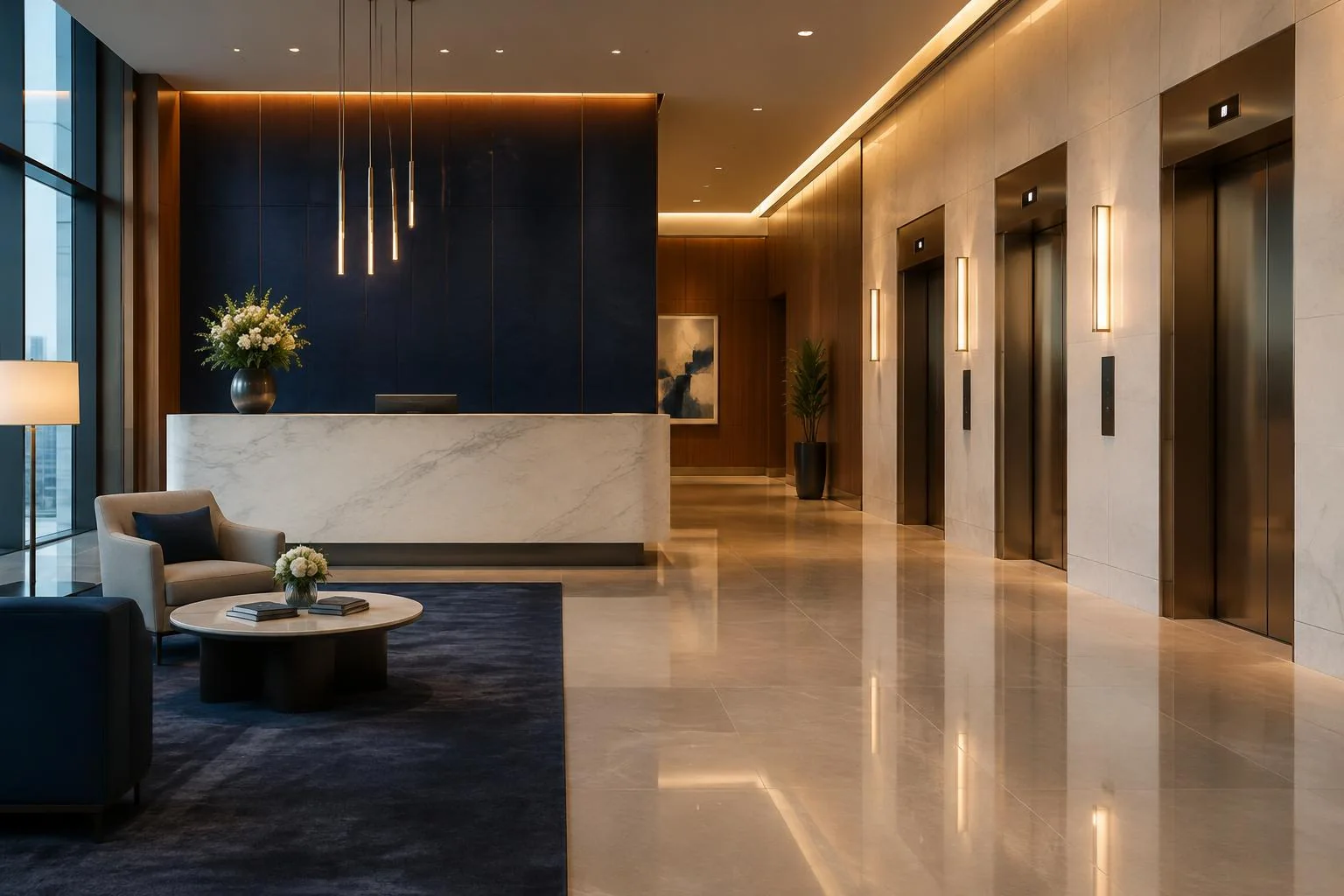 An office lobby with a reception desk, lifts and polished floors in evening light.