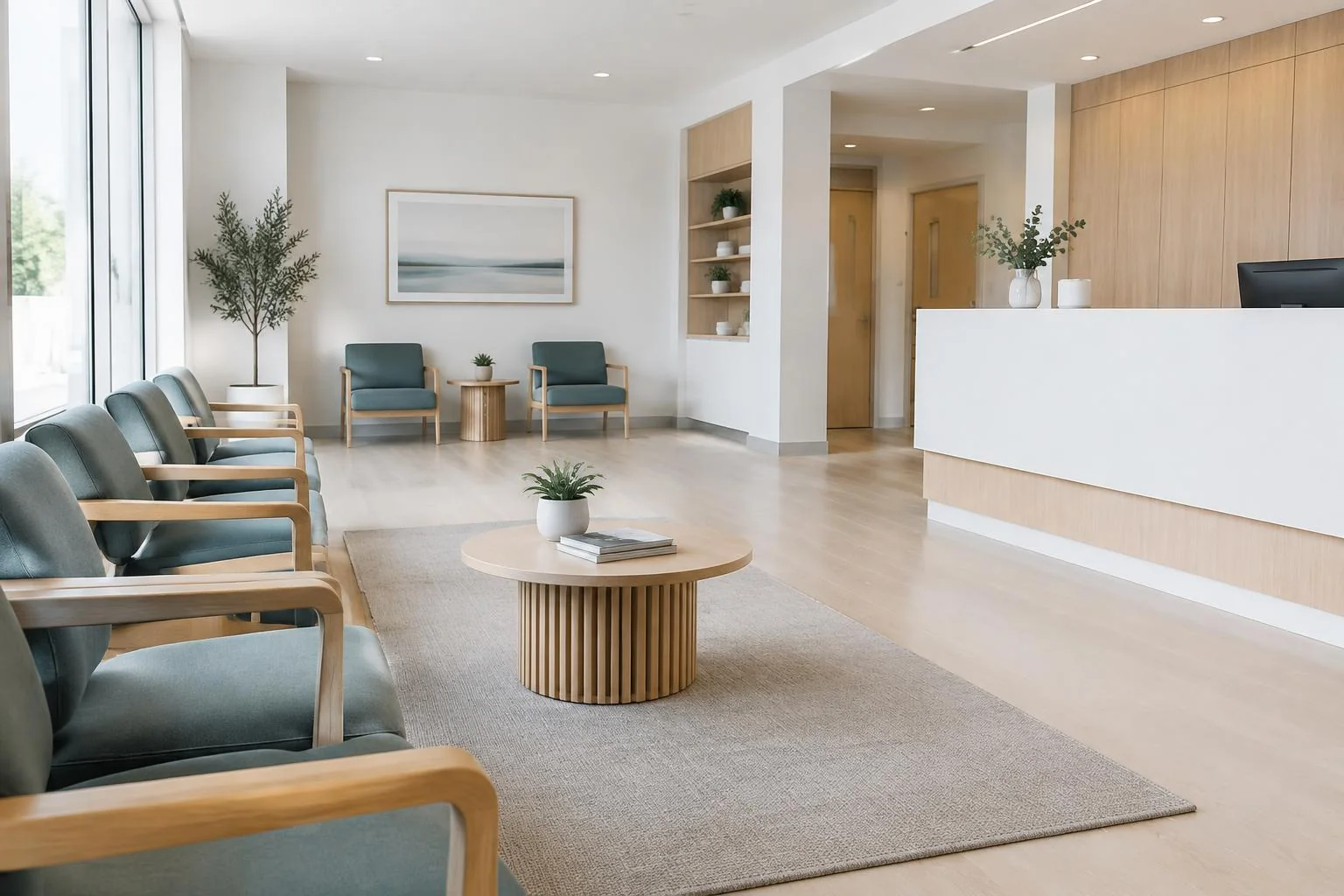 A bright clinic waiting room with neat chairs, a white reception counter and timber finishes.