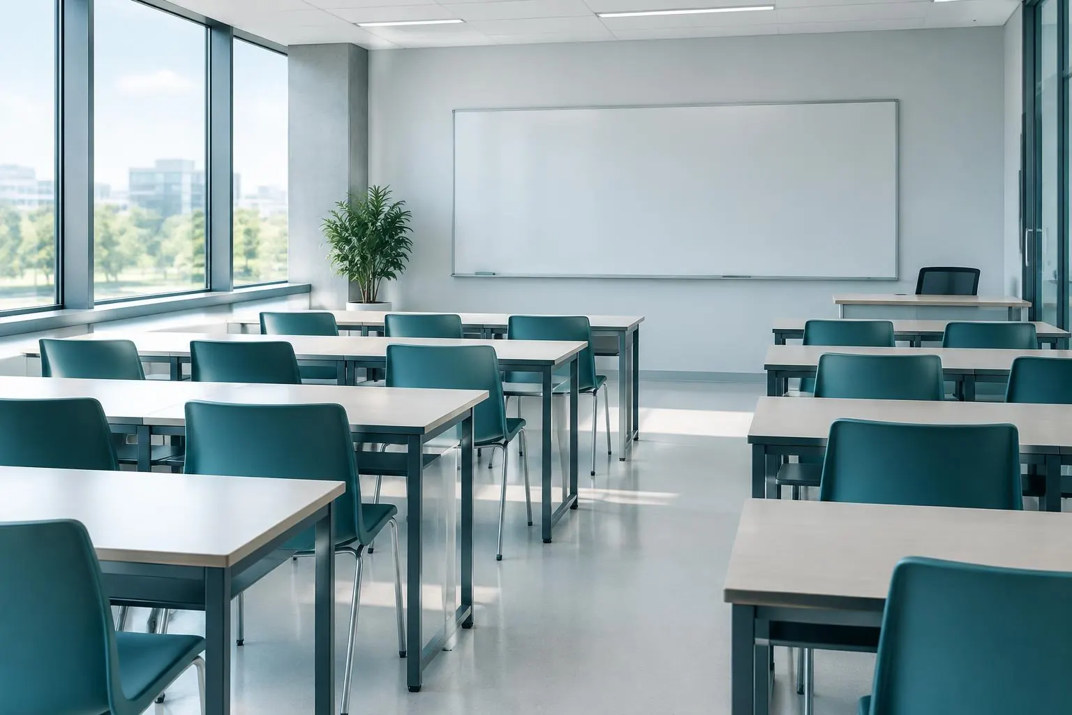 An empty training room with aligned desks, teal chairs and a clean whiteboard.