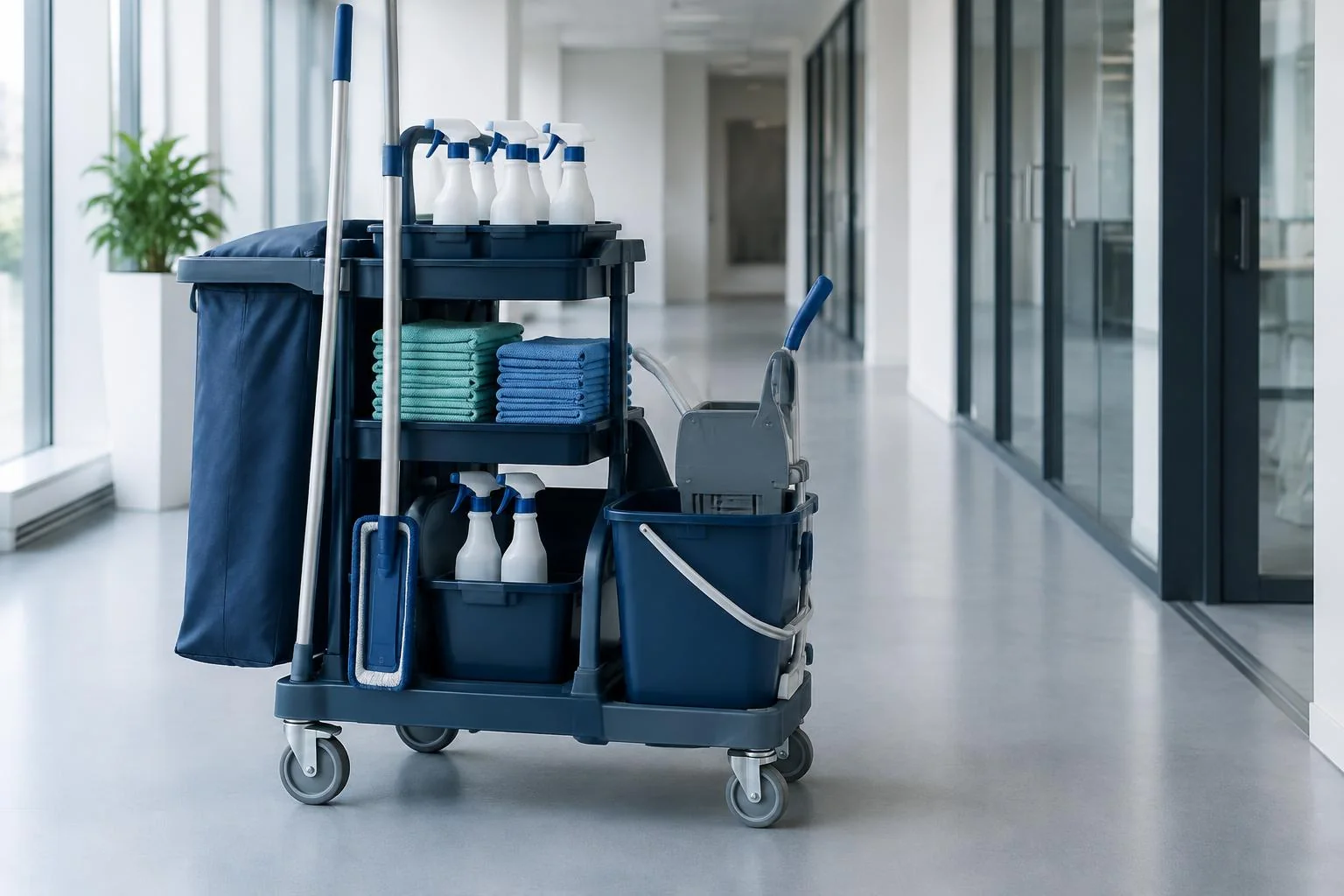 An organised cleaning trolley with colour-coded cloths, unlabelled spray bottles and a mop system in an office corridor.