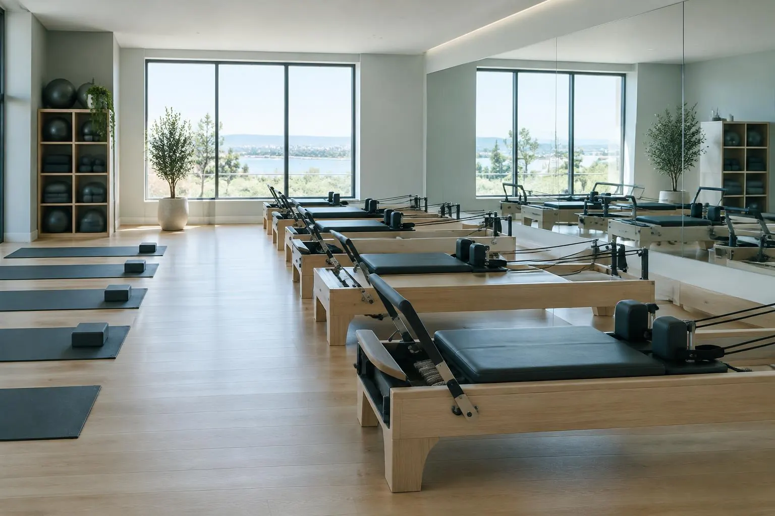 An empty fitness studio with reformer machines, exercise mats, a mirrored wall and a timber floor in daylight.