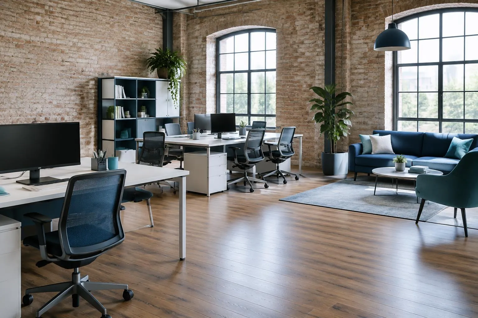 A tidy creative office with exposed brick walls, timber floors and arranged desks.