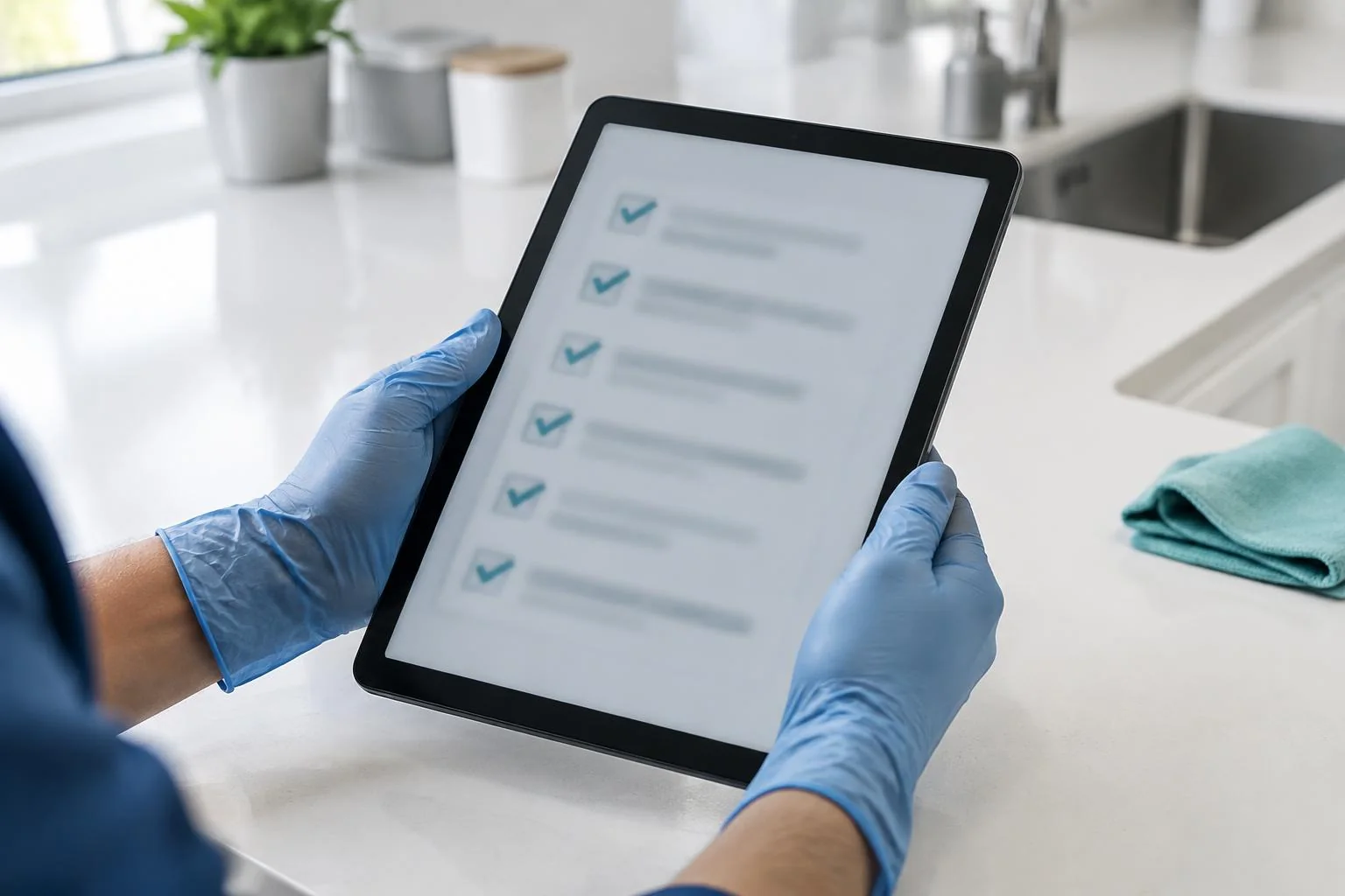 Gloved hands holding a tablet with an unreadable checklist in a clean office kitchen.
