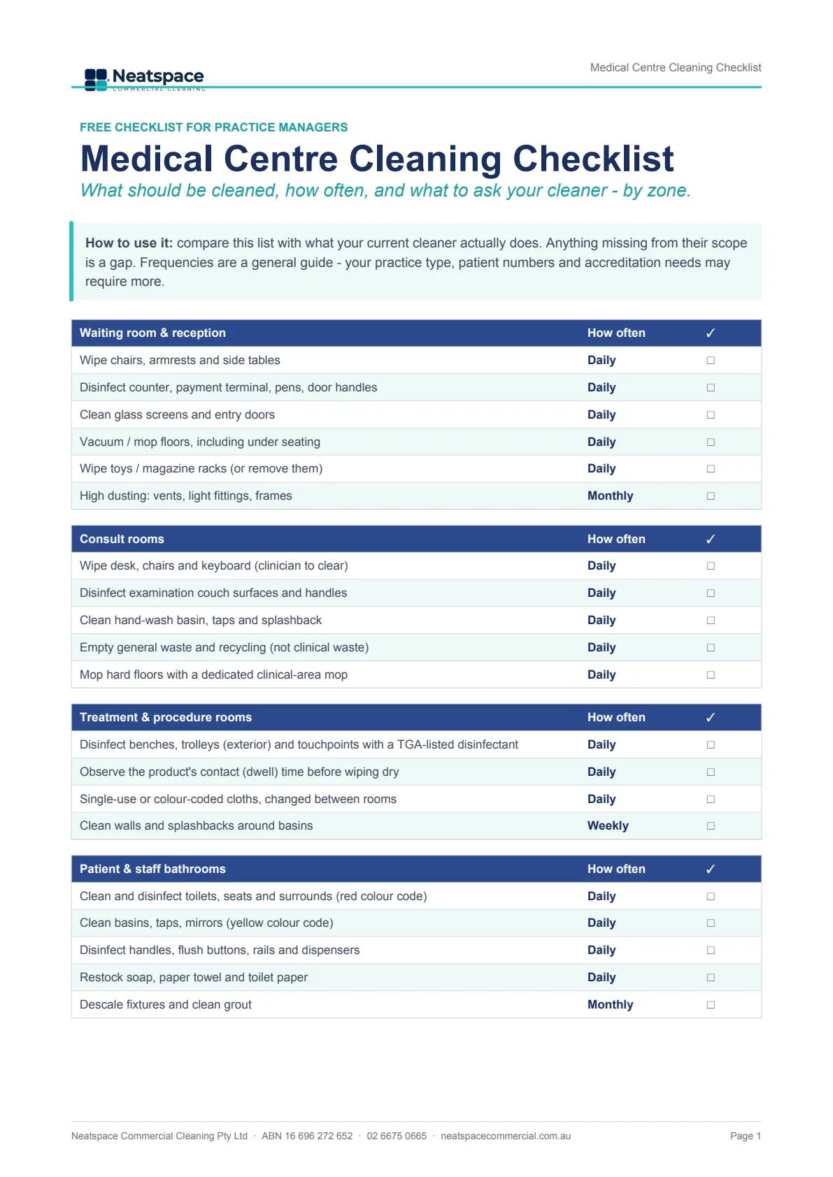 First page of the printable Neatspace medical centre cleaning checklist