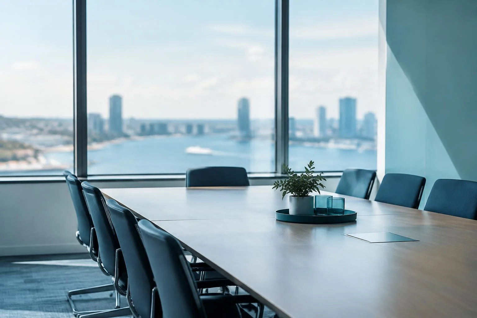 A tidy office meeting room with a long table, chairs and a blurred waterfront view.