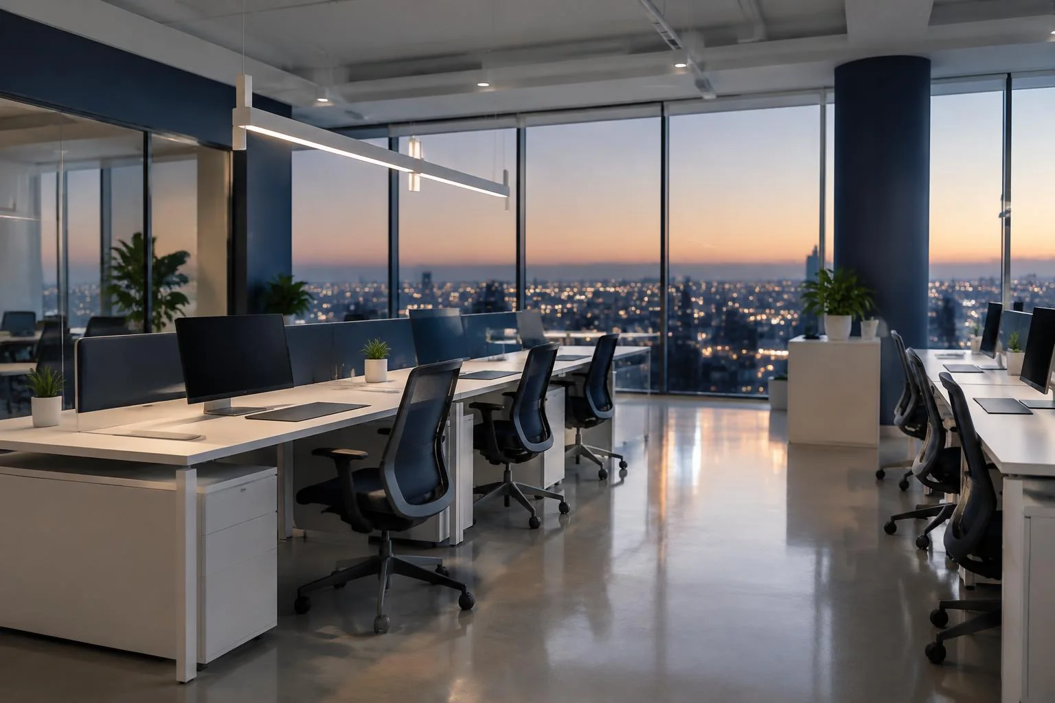A tidy open-plan office with desks, tucked-in chairs and polished floors at dusk.