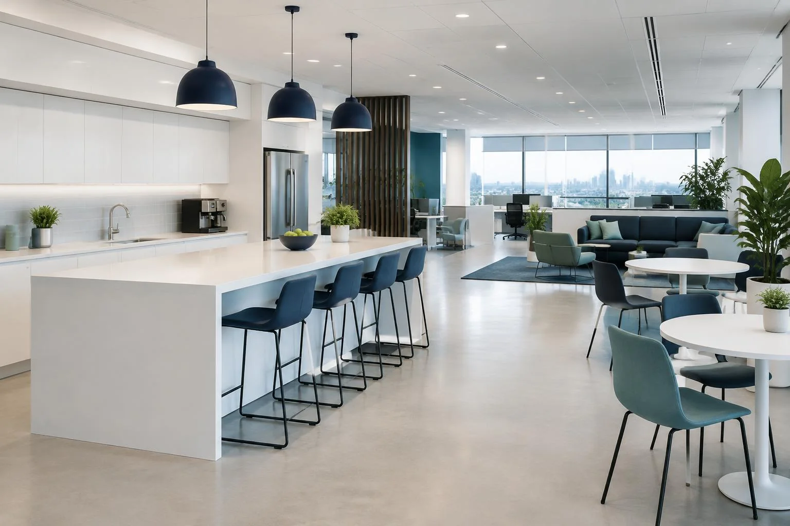 A light-filled office breakout kitchen with clean white benches, seating and plants.