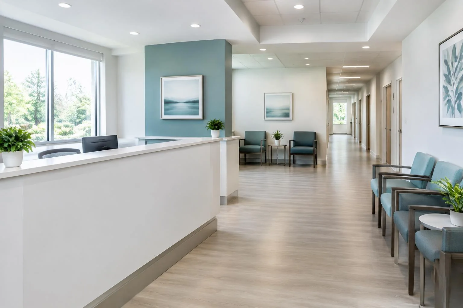 A bright medical reception and corridor with neat chairs and a clean counter.