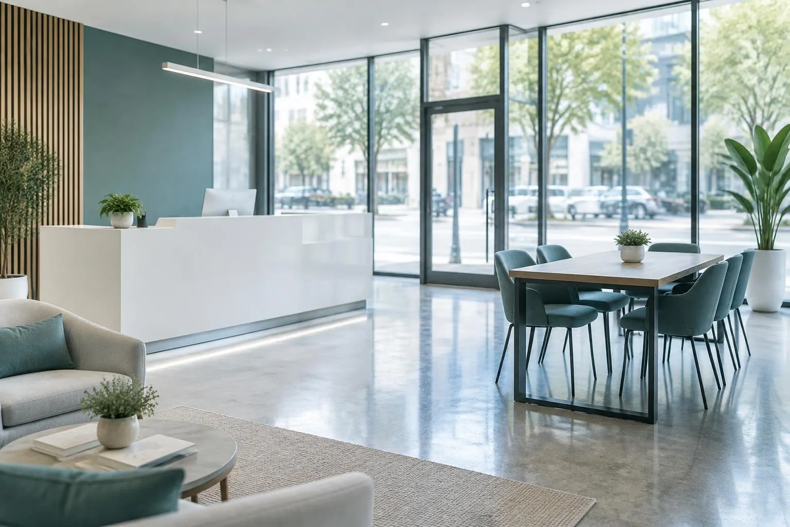 A bright office with a glass shopfront, white reception desk, meeting table and lounge seating.