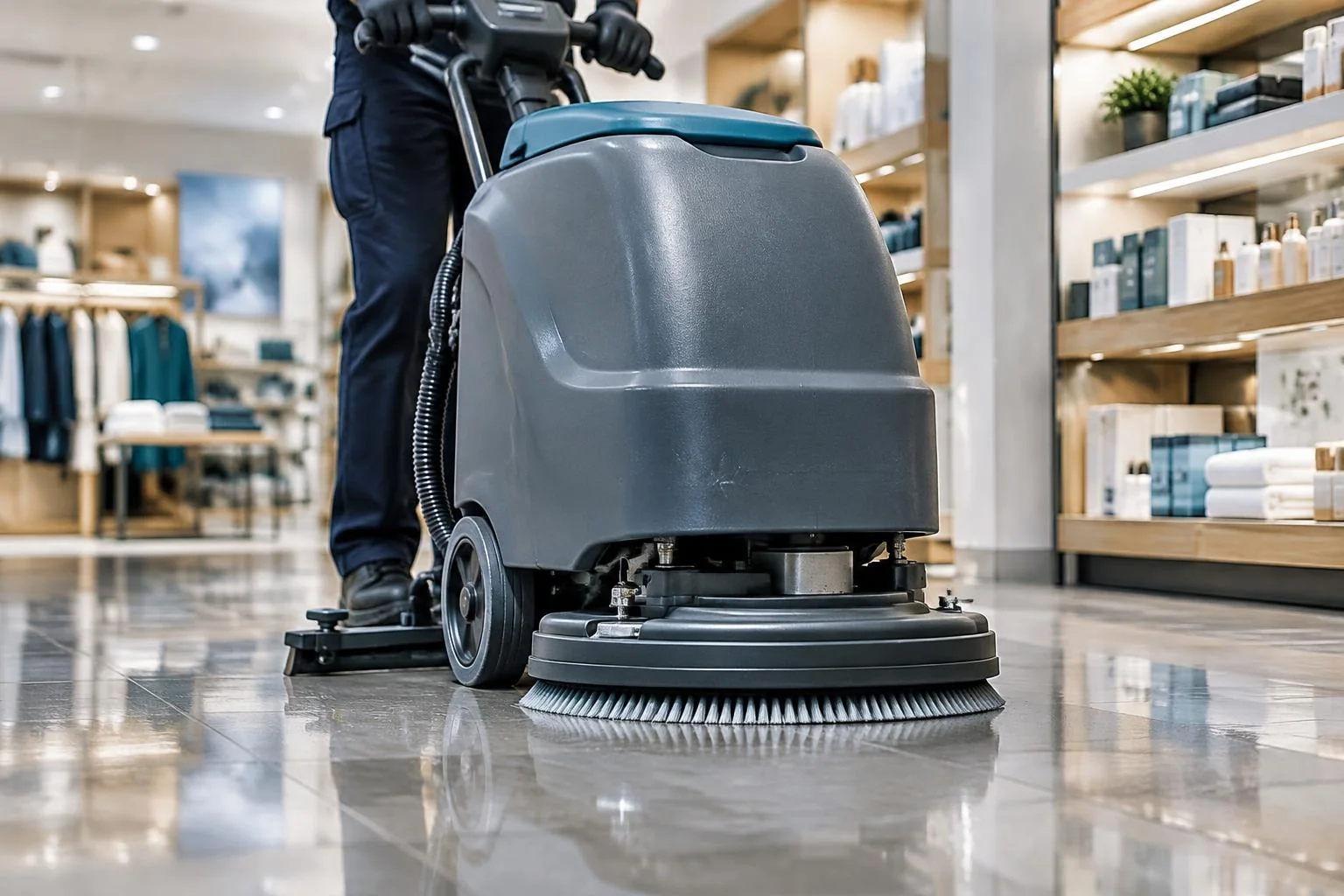 A walk-behind floor scrubber on a retail floor, with only the operator’s gloved hands and legs visible.