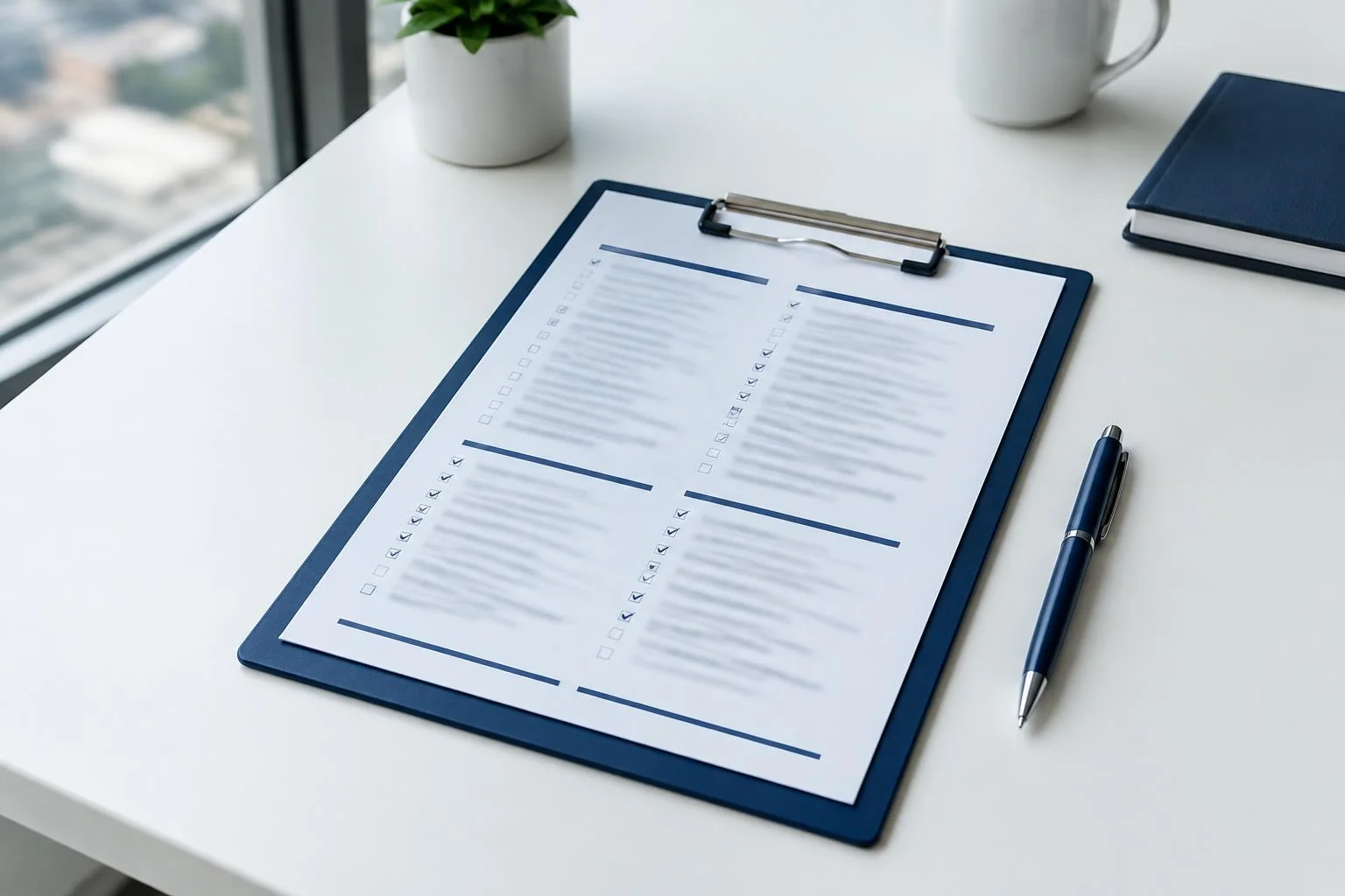 A clipboard with an unreadable multi-column checklist and a pen on a clean office desk.