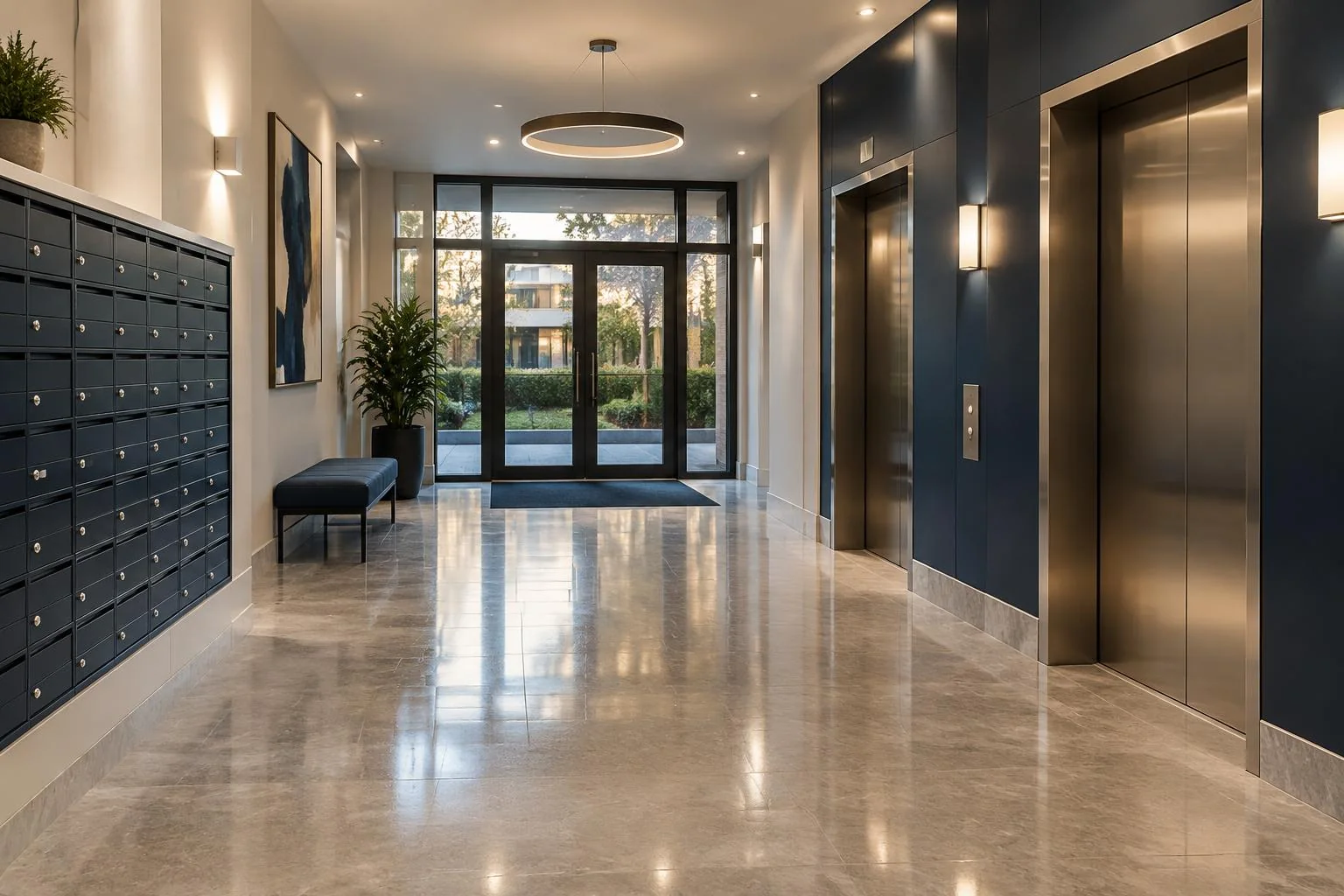 An apartment lobby with lifts, mailboxes, glass entry doors and a polished stone floor.