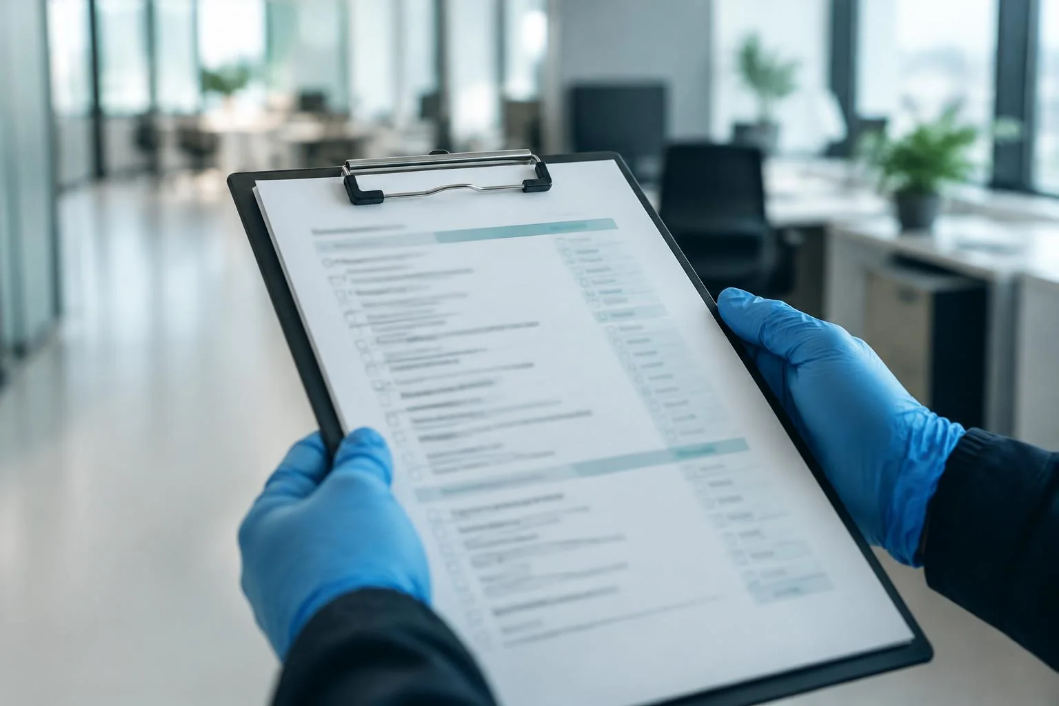 Gloved hands holding a clipboard with an unreadable checklist in a modern office.