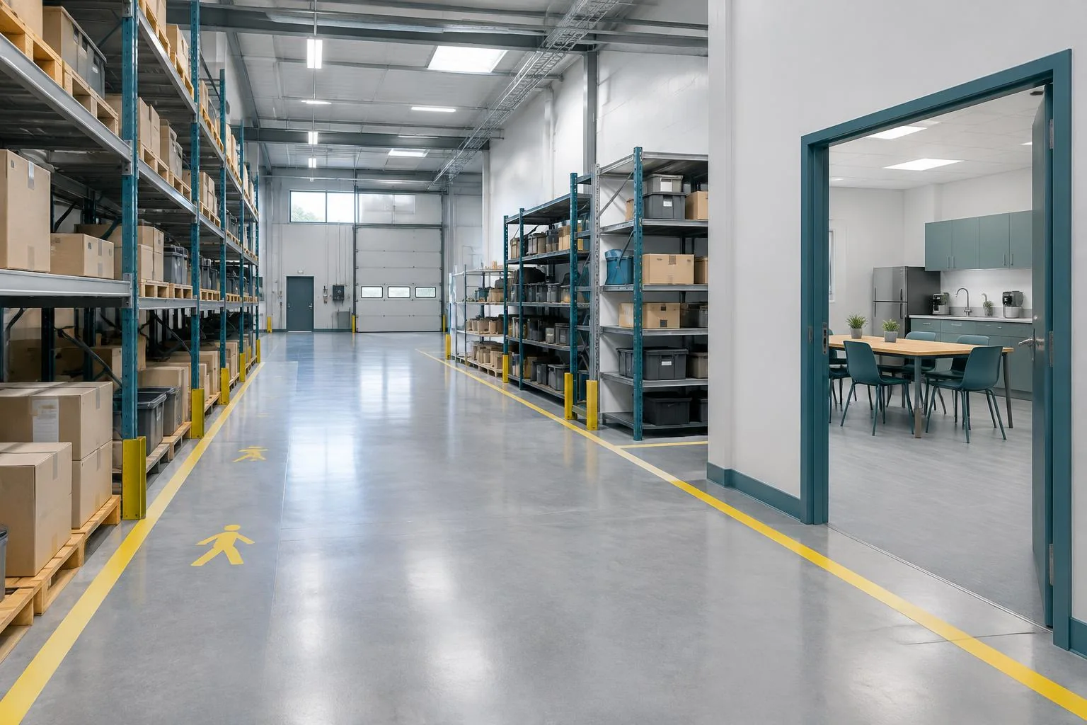 A warehouse with organised racking, marked walkways and an adjacent tidy staff lunchroom.